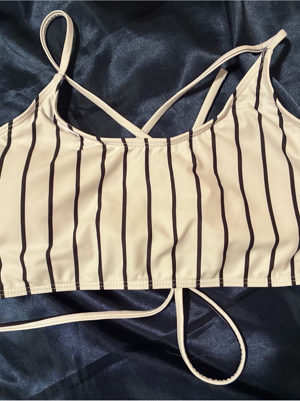 Striped White and Black Bikini top with adjustable straps medium